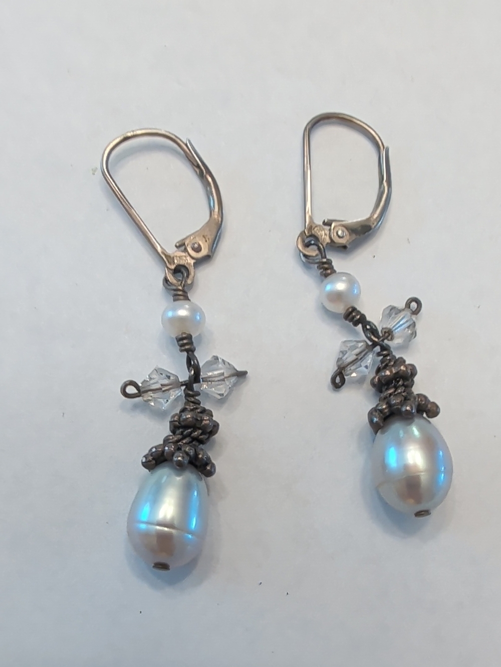 Sterling Silver Pearl Drop Earrings with Crystal Accents